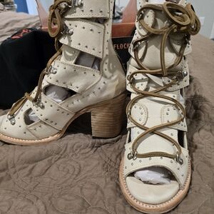 Freebird Cream Studded Lace-Up Heels